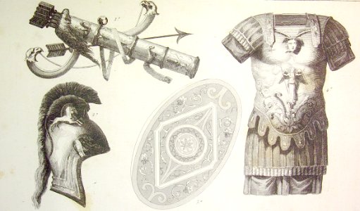 "Pertrechos militares. 1. Carcax y arco Dacio 2. Casco gri…