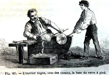 "L'ouvrier rogne, avec des ciseaux, la base du verre à pie…. Free illustration for personal and commercial use.