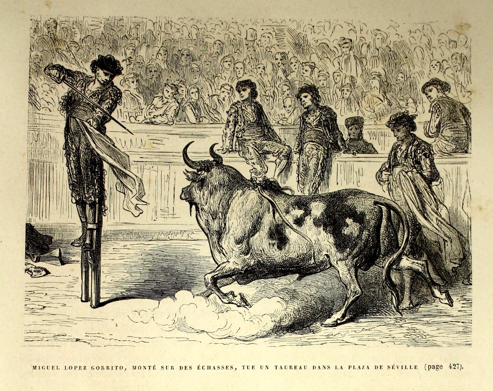 "Miguel Lopez Gorrito, monté sur des échasses, tue un taur…