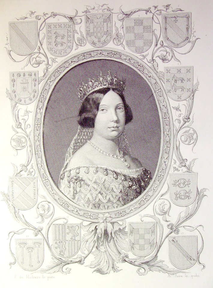 "Ysabel II Reina de España, rodeada de los escudos de la p…