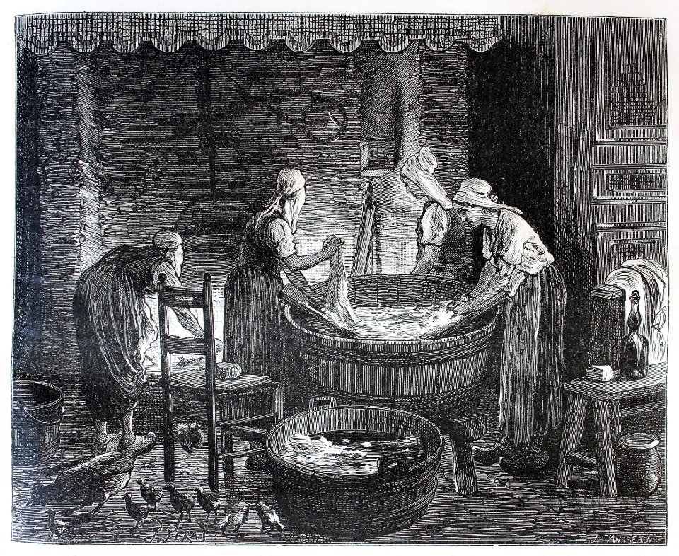 "Le savonnage après le coulage de la lessive".
