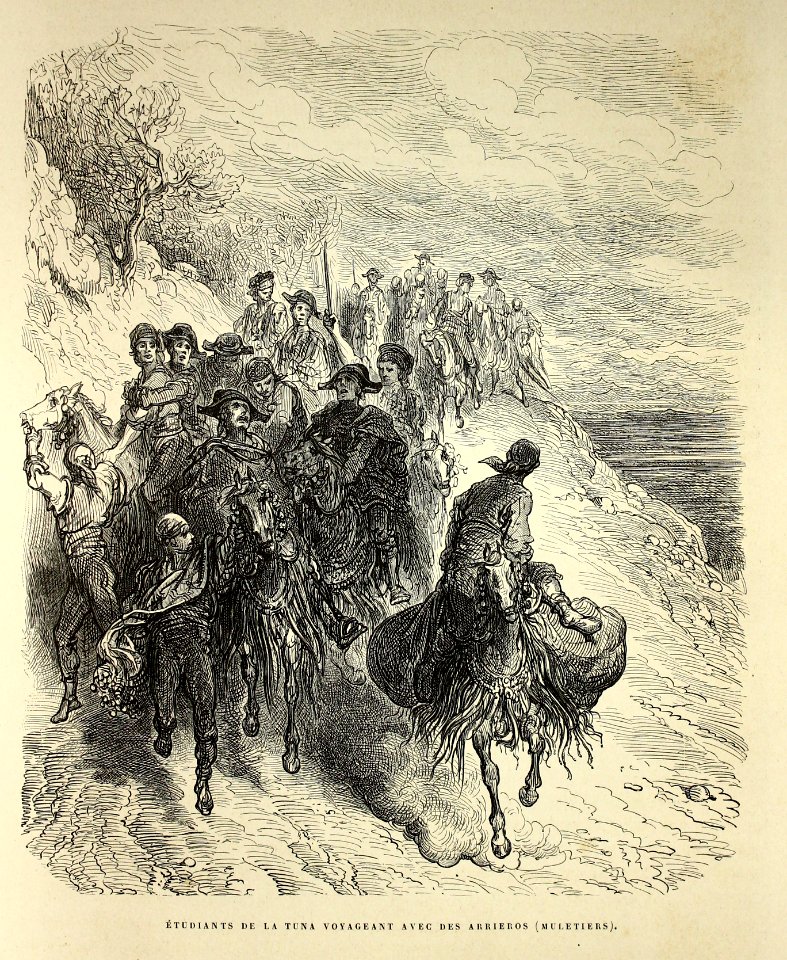 "Étudiants de la tuna voyageant avec des arrieros (muletie…