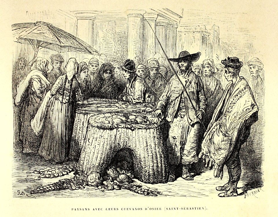 "Paysans avec leurs cuevanos d'osier (Saint-Sébastien)"