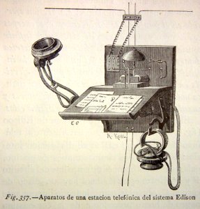 "Aparato de una estación telefónica del sistema Edison".. Free illustration for personal and commercial use.