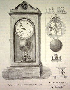 "Vista exterior del reloj eléctrico Hipp. Detalles del mec…. Free illustration for personal and commercial use.