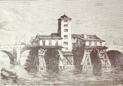"Antiguas bombas del puente de Nuestra Señora en París".. Free illustration for personal and commercial use.