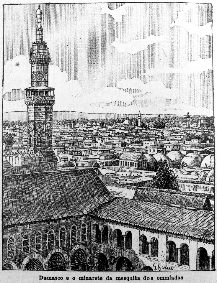 "Damasco e o minarete da mesquita dos ommíadas".