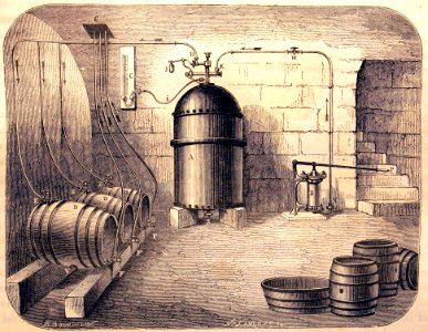 "Pompe à bière à air comprimé, installée dans la cave d'un…