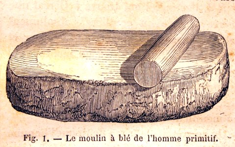 "Le moulin à blé del'homme primitif". Free illustration for personal and commercial use.