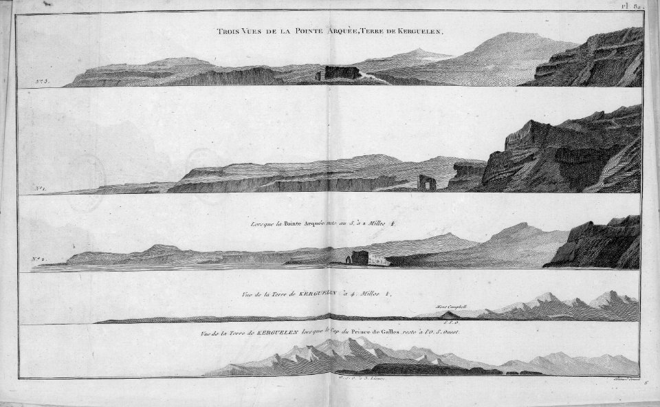 Trois vues de la Pinte Arquèe, Terre de Kerguelen
