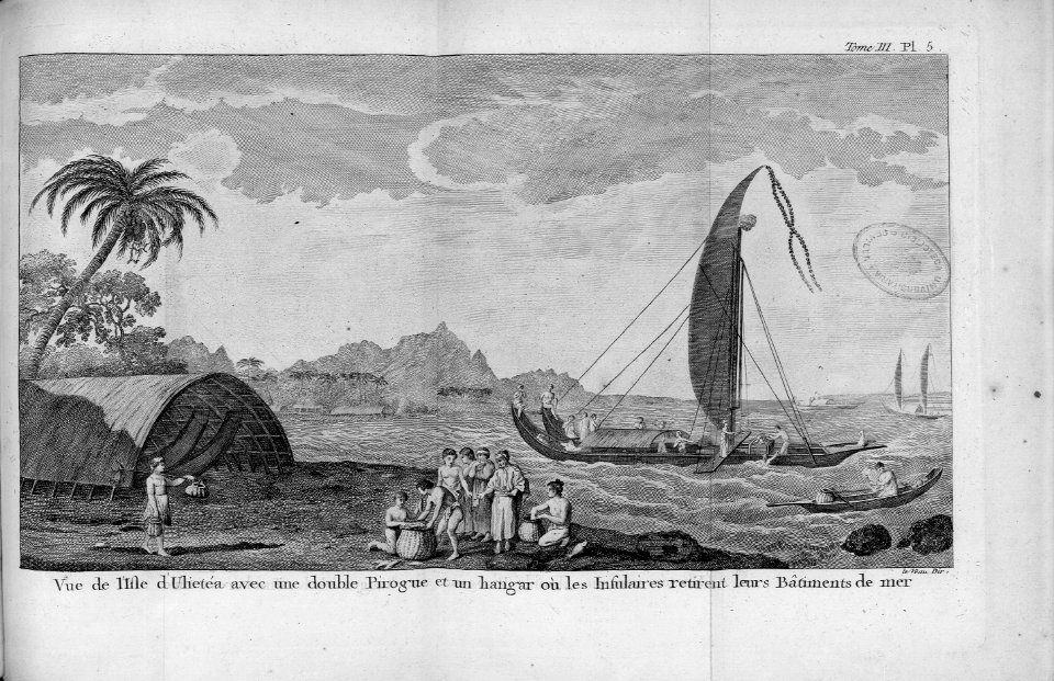 Vue de Isle d'Ulietéa avec une double Pirogue et un hangar…