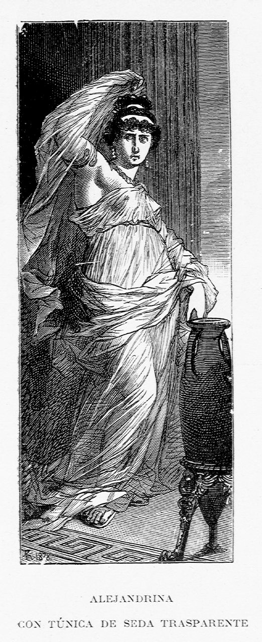 "Alexandrina con túnica de seda transparente"