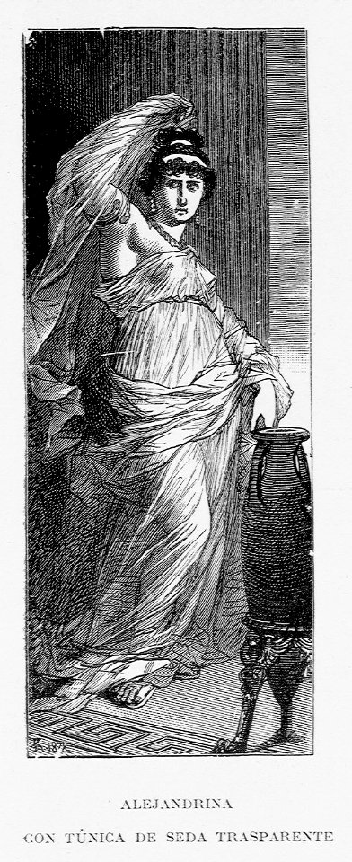 "Alexandrina con túnica de seda transparente"