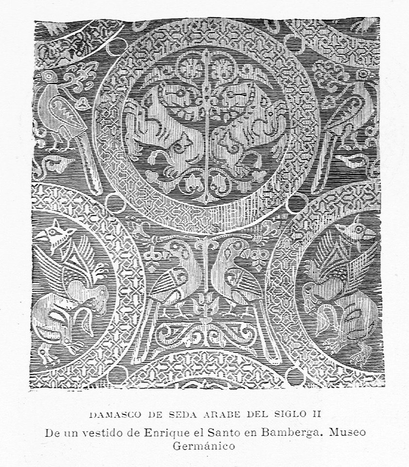 "Damasco de seda Árabe del siglo  II. De un vestido de Enrique el Santo en Bamberga. Museo Germánico"