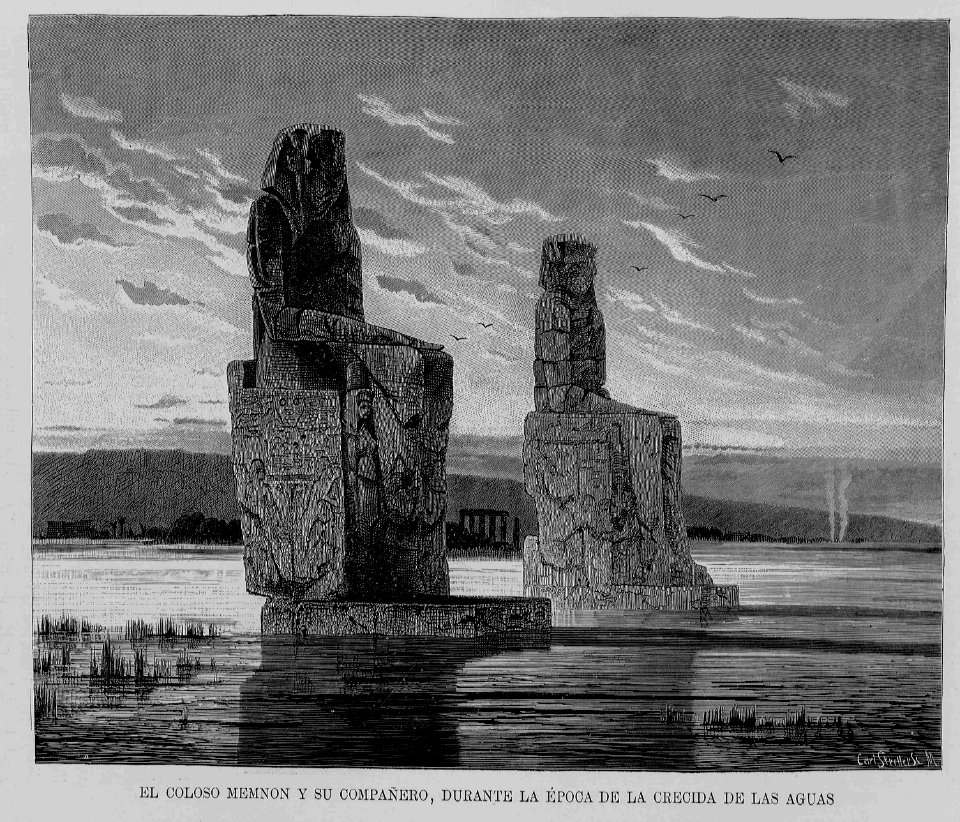 "El Coloso Memnon y su compañero, durante la época de la crecida de las aguas"
