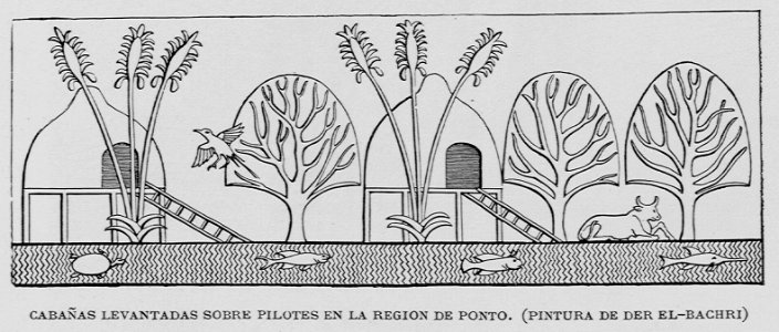 "Cabañas levantadas sobre pilotes en la región de Ponto. (Pintura de Der El-Bachri)"