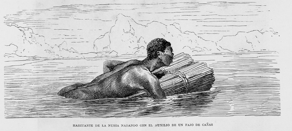 "Habitante de la Nubia nadando con el auxilio de un fajo de cañas"