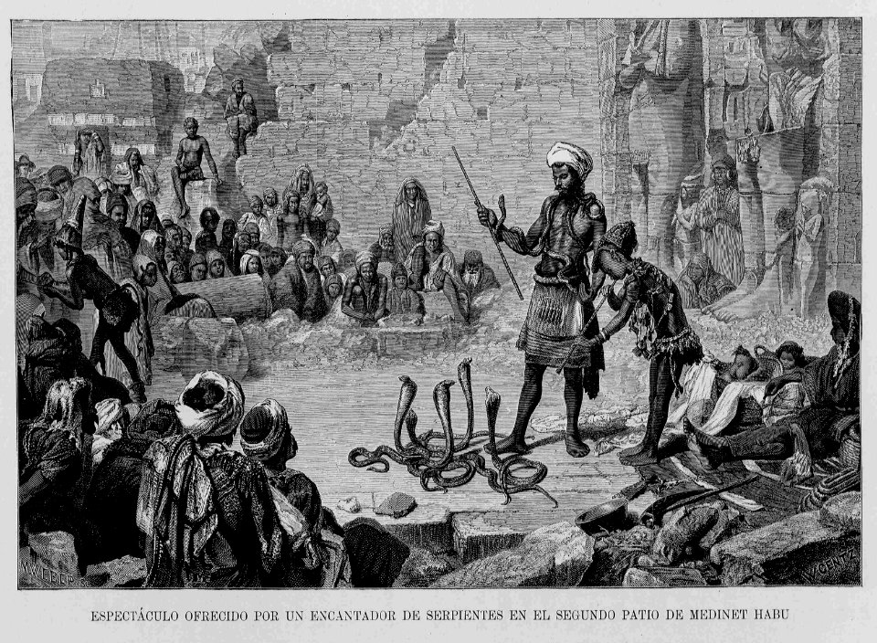 "Espectáculo ofrecido por un encantador de serpientes en el segundo patio de Medinet Habu"