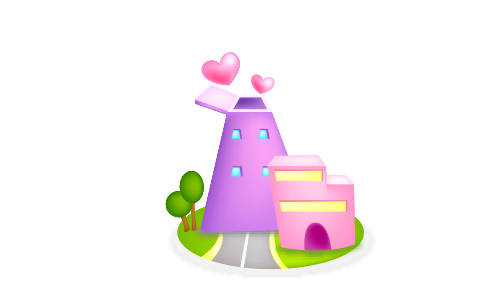Cartoon town on road with pink heart. Free illustration for personal and commercial use.