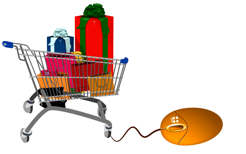 Shopping bags in shopping cart and computer mouse. Concept of e-s. Free illustration for personal and commercial use.