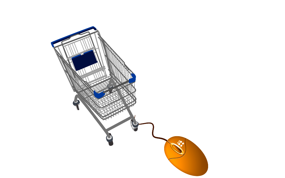 A mouse connected to a shopping cart trolley. Free illustration for personal and commercial use.