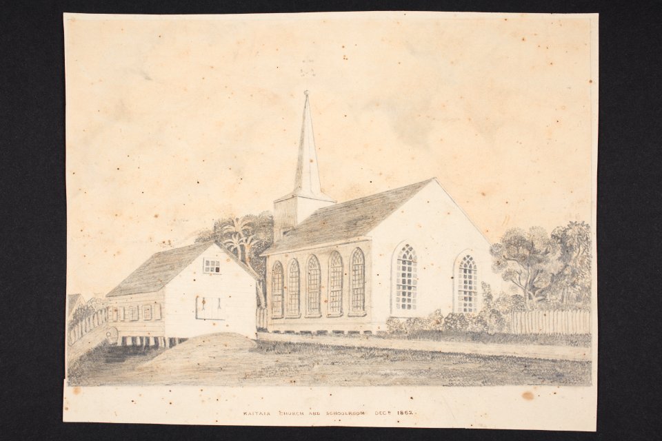 Kaitaia Church and schoolroom. Dec 1862 (48752866986)
