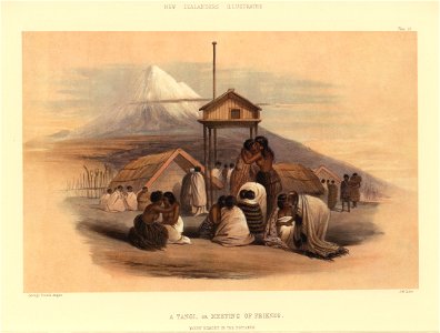 A TANGI, OR MEETING OF FRIENDS. MOUNT EGMONT IN THE DISTANCE, The New Zealanders Illustrated, 1847