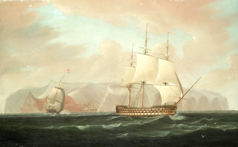 A three-decked ship-of-the-line bearing away from Jamestown, St. Helena, with her escorting frigate firing a farewell salute