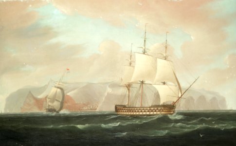 A three-decked ship-of-the-line bearing away from Jamestown, St. Helena, with her escorting frigate firing a farewell salute