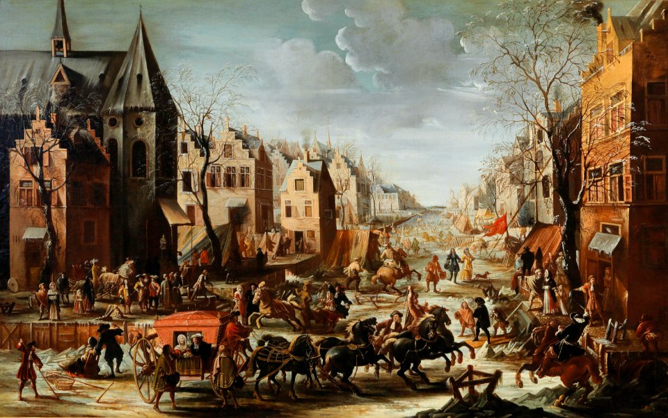 A townscape in winter with carriages, riders and townsfolk