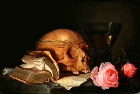 A Vanitas Still-Life with a Skull, a Book and Roses (Jan Davidsz. de Heem) - Nationalmuseum - 23891. Free illustration for personal and commercial use.