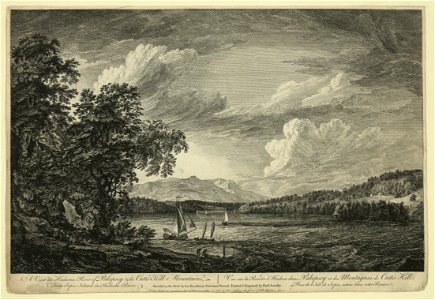 A view in Hudson's River of Pakepsey & the Catts-Kill Mountains, from Sopos Island in Hudson's River Vue sur la Riviere d'Hudson dans Pakepsey et des Montagnes de Catts-Kill, prise de l'Isle LCCN2004671538