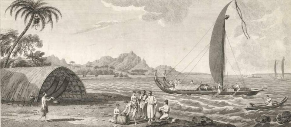 A view in the island of Ulietea with a double canoe and a boathouse, engraved by E. Rooker, after drawings by Sydney Parkinson, c. 1773. Free illustration for personal and commercial use.
