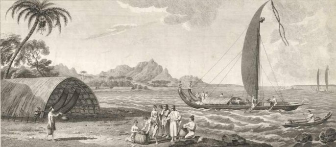 A view in the island of Ulietea with a double canoe and a boathouse, engraved by E. Rooker, after drawings by Sydney Parkinson, c. 1773