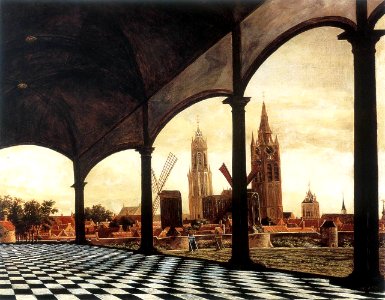 A View of Delft through an Imaginary Loggia (1663) Daniel Vosmaer. Free illustration for personal and commercial use.
