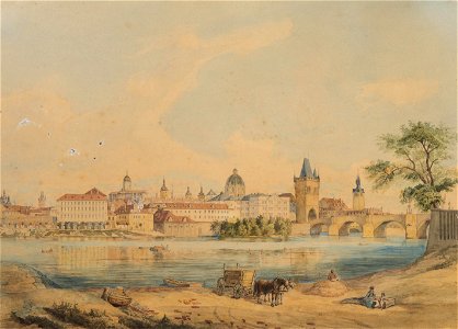 A View of Prague from Lesser Town Shore of the Vltava River 1850. Free illustration for personal and commercial use.