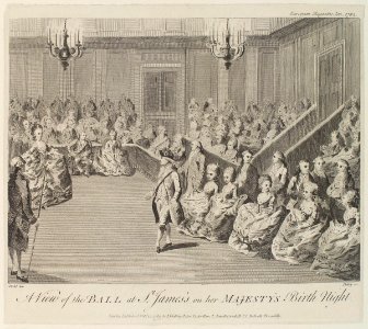 A view of the ball at St James's on her Majesty's birth night by John Debrett