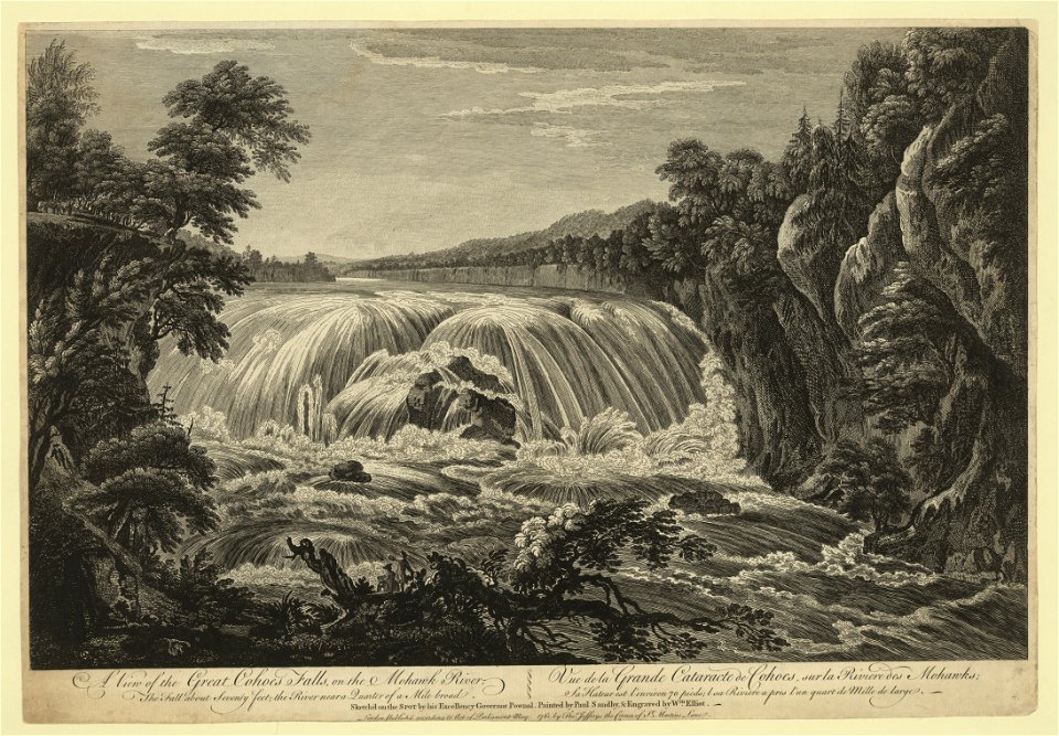 A view of the great Cohoes Falls, on the Mohawk River, the fall about seventy feet, the river near a quarter mile broad Vue de la grande cataracte de Cohoes, sur la riviere des Mohawks, la LCCN2004671539