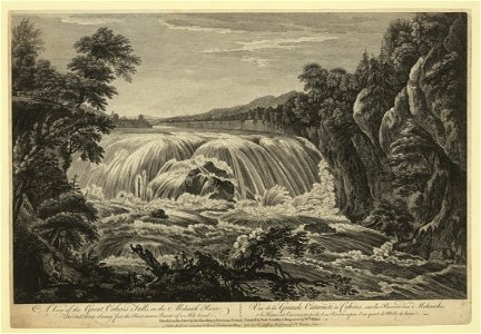 A view of the great Cohoes Falls, on the Mohawk River, the fall about seventy feet, the river near a quarter mile broad Vue de la grande cataracte de Cohoes, sur la riviere des Mohawks, la LCCN2004671539