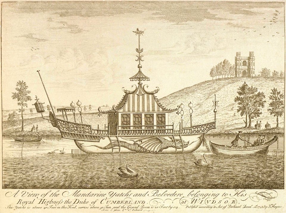 A View of the Mandarine Yacht and Belvedere, belonging to to his Royal Highness the Duke of Cumberland, at Windsor. This Yacht is above 40 Foot in the Keel, carries above 50 Tun, and the Grand Room is 20 Foot by 14 RMG PU6487