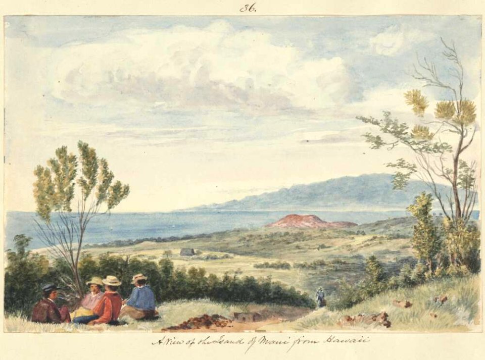 A view of the island of Maui from Hawaii, 1855, watercolour by James Gay Sawkins