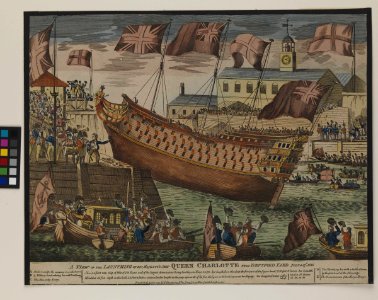 A View of the Launching of his Majesty's Ship Queen Charlotte from Deptford Yard July 17th 1810 RMG PY0775