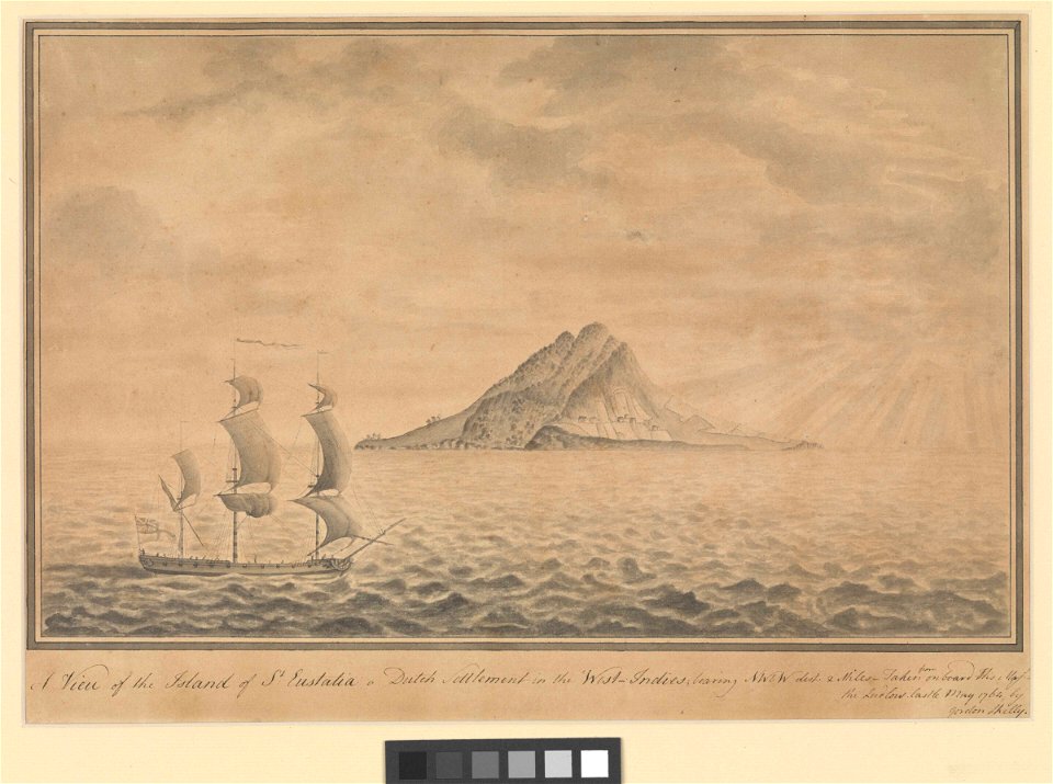 A View of the Island of St Eustatia a Dutch Settlement in the West Indies bearing NW and W dist 2 Miles. Taken from on board his Maj Ship the Ludlow Castle May 1764, by Gordon Shelly RMG PW7934