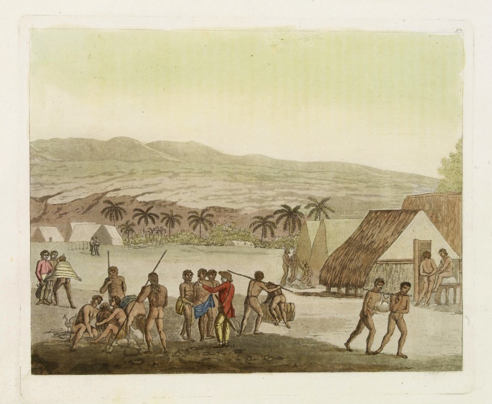 A village scene from the Sandwich Islands, Le Costume Ancien et Moderne by Giulio Ferrario, 1827