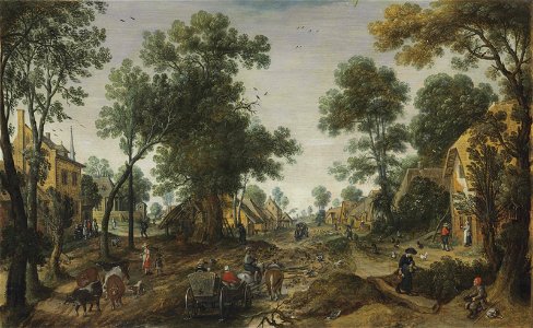 A village landscape with travelers in a horse-drawn carriage on a path (sebastiaen vrancx)