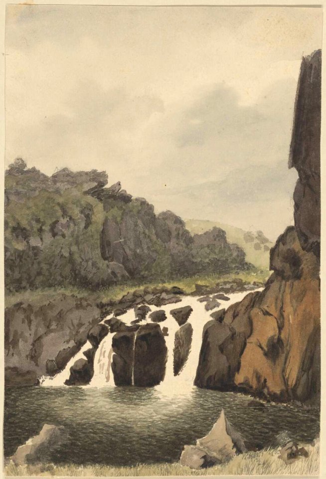 A waterfall near Honolulu, Sandwich Islands, 1855, watercolour by James Gay Sawkins
