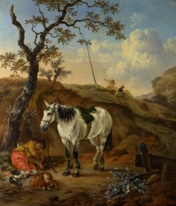 A White Horse standing by a Sleeping Man, Pieter Verbeeck. Free illustration for personal and commercial use.