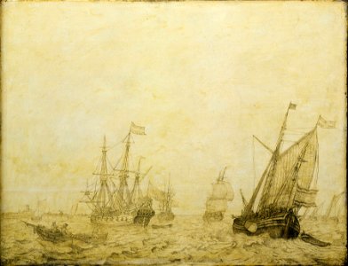 A wijdschip and other vessels off a harbour RMG BHC0854