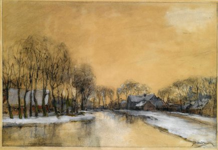 A winter landscape with houses along a canal by Jan Hillebrand Wijsmuller (1855-1925)