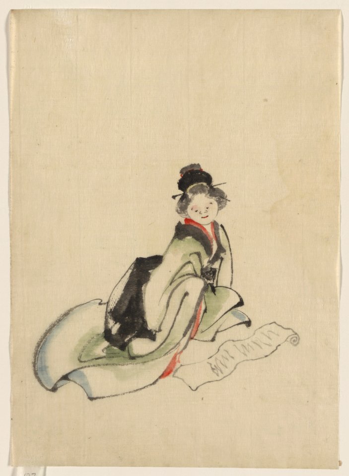 A woman seated, facing front, reading a scroll spread out in front of her LCCN2009631957